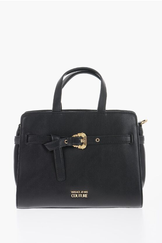 Versace Jeans Couture Faux Leather Handbag With Golden Buckle In Black