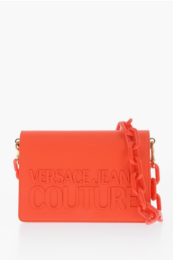 Versace Jeans Couture Faux Leather Shoulder Bag With Embossed Logo In Orange