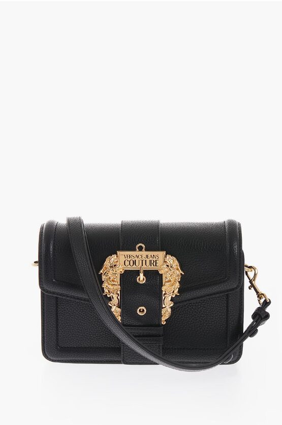 Versace Jeans Couture Faux Leather Shoulder Bag With Golden Buckle In Black