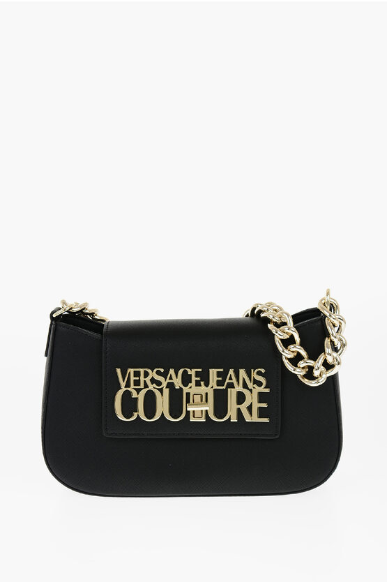 Versace Jeans Couture Faux Leather Shoulder Bag With Golden Chain In Black
