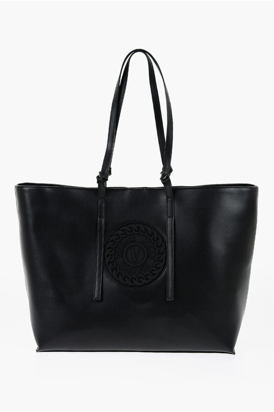 Versace Jeans Couture Faux Leather Tote Bag With Embossed Logo In Black