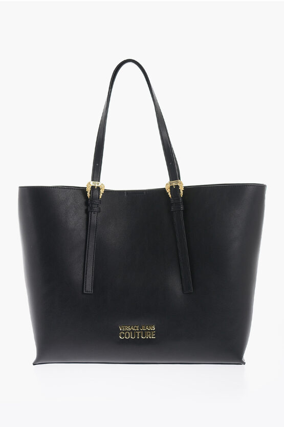 Versace Jeans Couture Faux Leather Tote Bag With Golden Buckles In Black