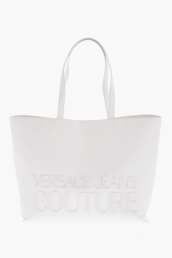 Versace Jeans Couture Faux Leather Tote Bag With Maxi Embossed Logo In White