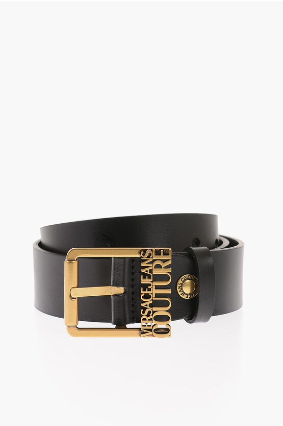 Versace Jeans Couture Leather Belt With Golden Buckle 40mm In Black