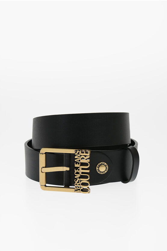 Versace Jeans Couture Leather Belt With Golden Buckle 40mm In Black