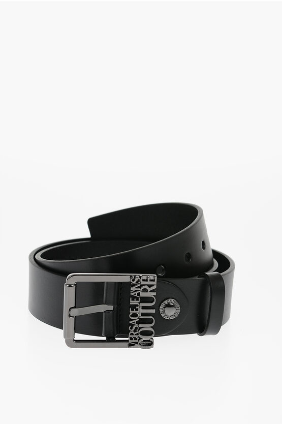 Versace Jeans Couture Leather Belt With Logoed Buckle 40mm In Black