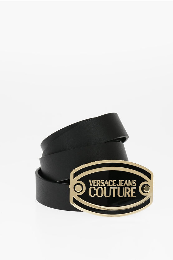 Versace Jeans Couture Leather Belt With Maxi Logoed Buckle 30mm In Black