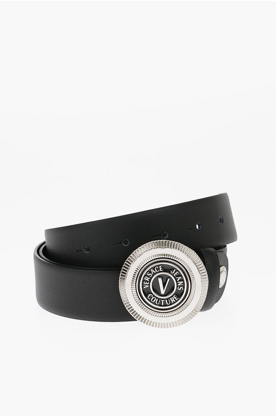 Versace Jeans Couture Leather Belt With Metal Logoed Buckle 35mm In Black