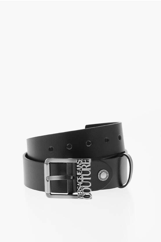 Versace Jeans Couture Leather Belt With Shape Logo Buckle 40mm In Black