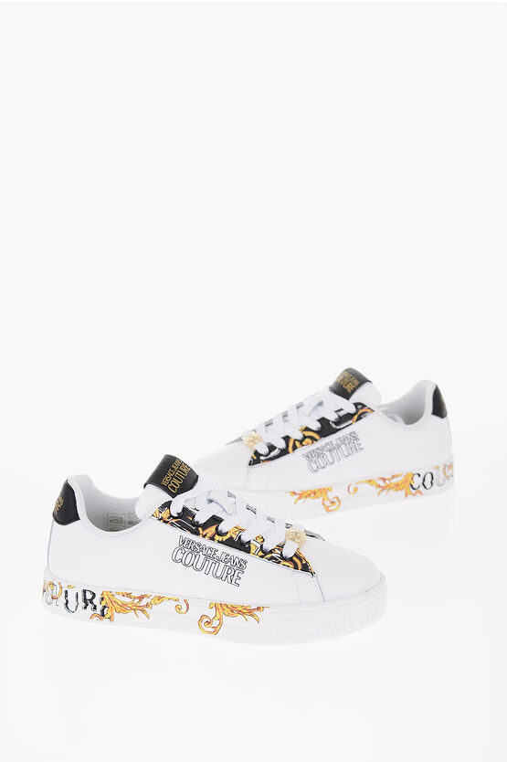 Versace Jeans Couture Leather Low-top Sneakers With Baroque Motif De In White