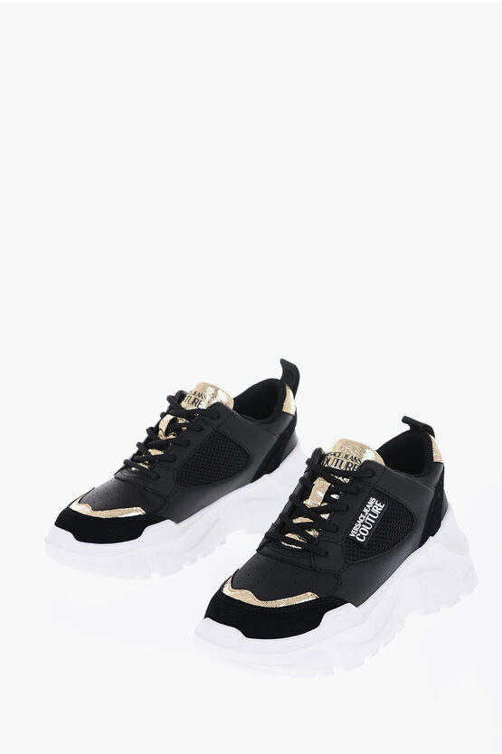Versace Jeans Couture Leather Speedtrack Sneakers With Golden Detail In Black