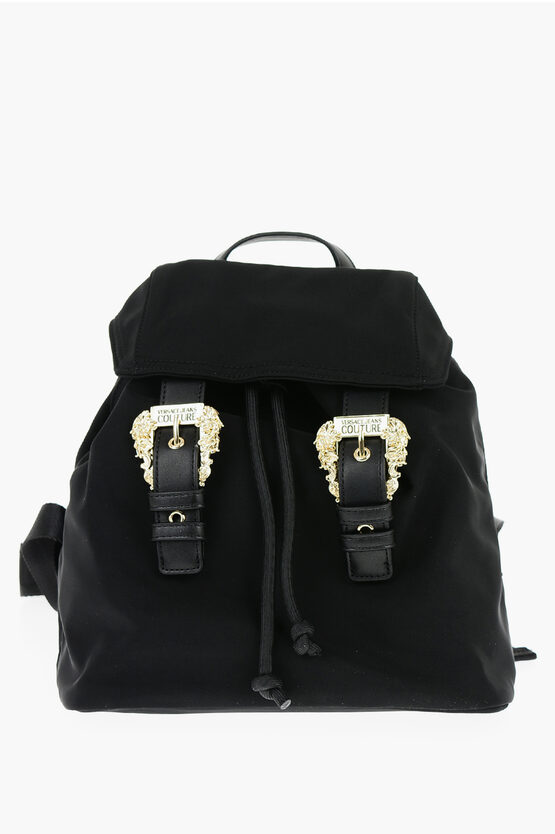 Versace Jeans Couture Nylon Backpack With Golden Buckles In Black