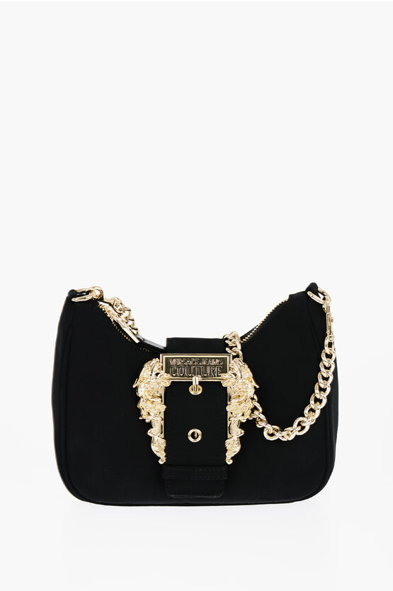 Versace Jeans Couture Nylon Shoulder Bag With Maxi Golden Buckle In Black