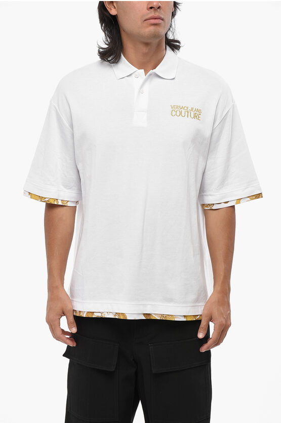 Versace Jeans Couture Piquè Cotton Polo Shirt With Baroque Motif Det In White