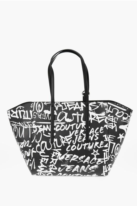 Versace Jeans Couture Printed Faux Leather Tote Bag With Matched Pou In Black