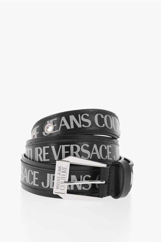 Versace Jeans Couture Saffiano Leather Belt With Printed Logo 35mm In Black