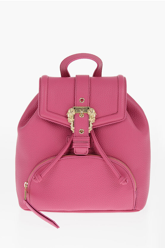 Versace Jeans Couture Textured Faux Leather Backpack With Baroque Bu In Pink