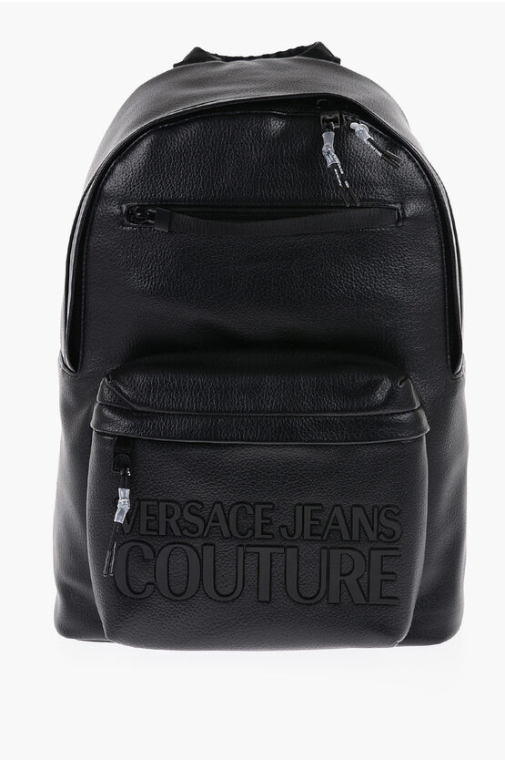 Versace Jeans Couture Textured Faux Leather Backpack With Embossed L In Black