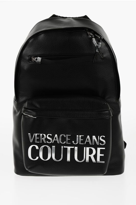 Versace Jeans Couture Textured Faux Leather Backpack With Silver-ton In Black