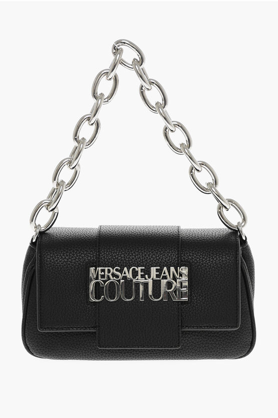 Versace Jeans Couture Textured Faux Leather Bag With Silver-tone Cha In Black