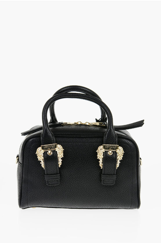 Versace Jeans Couture Textured Faux Leather Bowler Bag With Golden B In Black