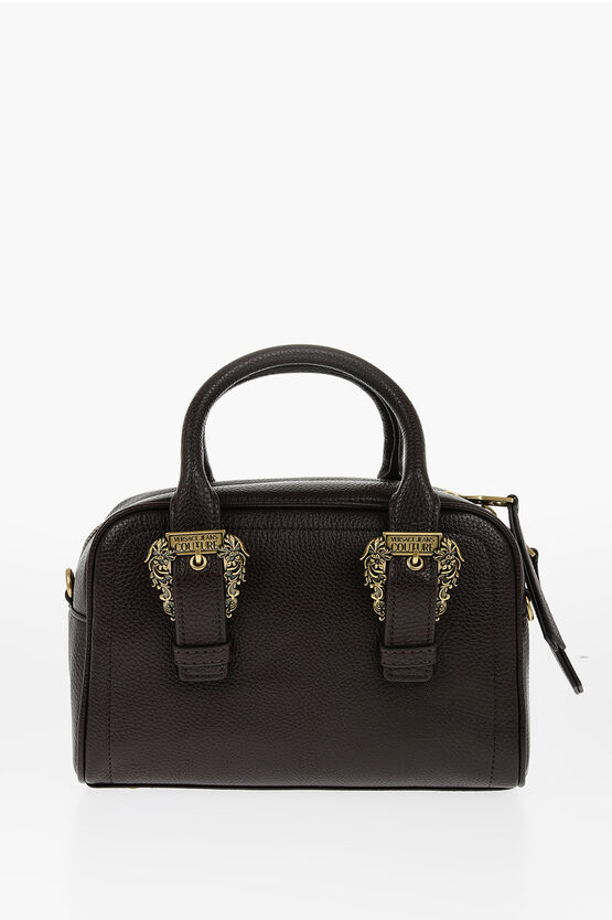 Versace Jeans Couture Textured Faux Leather Bowler Bag With Golden B In Brown