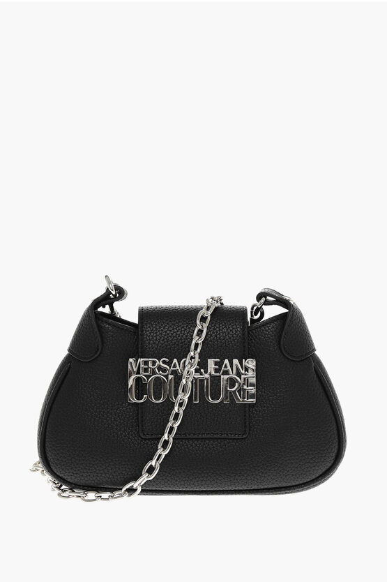 Versace Jeans Couture Textured Faux Leather Hobo Bag With Silver Log In Black