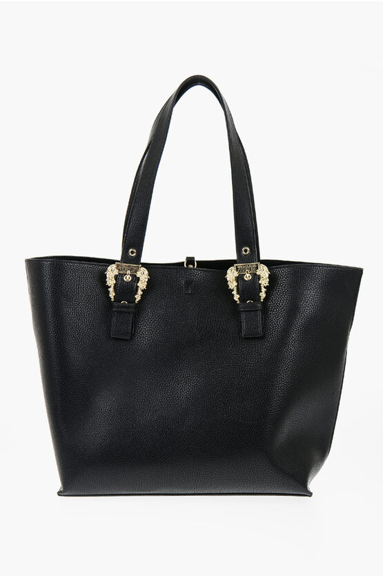 Versace Jeans Couture Textured Faux Leather Tote Bag With Golden Buc In Black