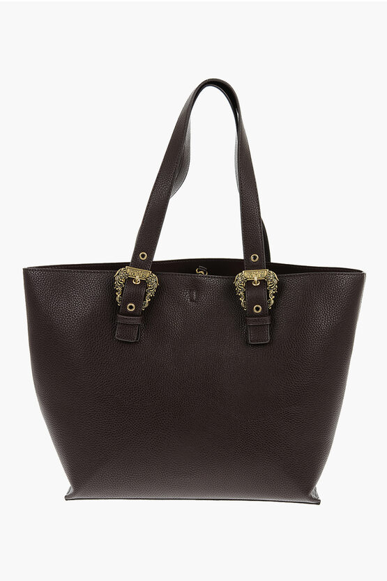 Versace Jeans Couture Textured Faux Leather Tote Bag With Golden Buc In Brown