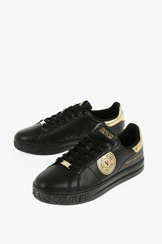 Versace Jeans Couture Textured Leather Court 88 Trainers With Golden In White