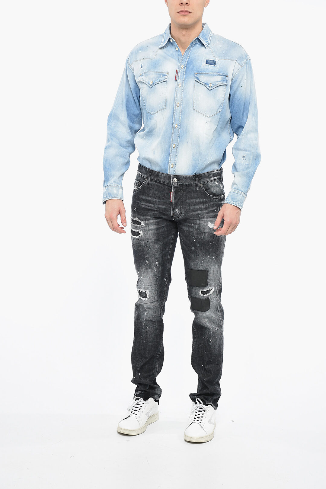 Dsquared2 Jeans Distressed Slim Fit con Toppe in Pelle 17cm uomo - Glamood  Outlet