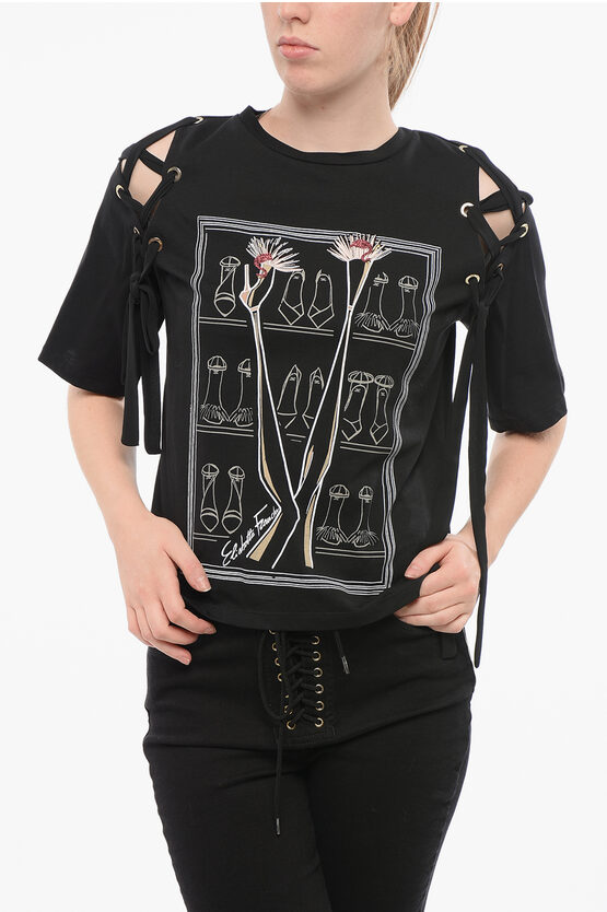 Elisabetta Franchi Jeans Printed T-shirt With Lace-up Detail In Black