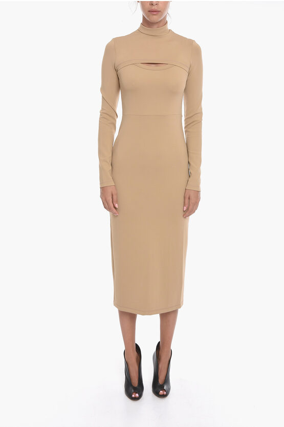 Ambush Jersey Turtle-neck Midi Dress With Cut-out Detailing In Brown