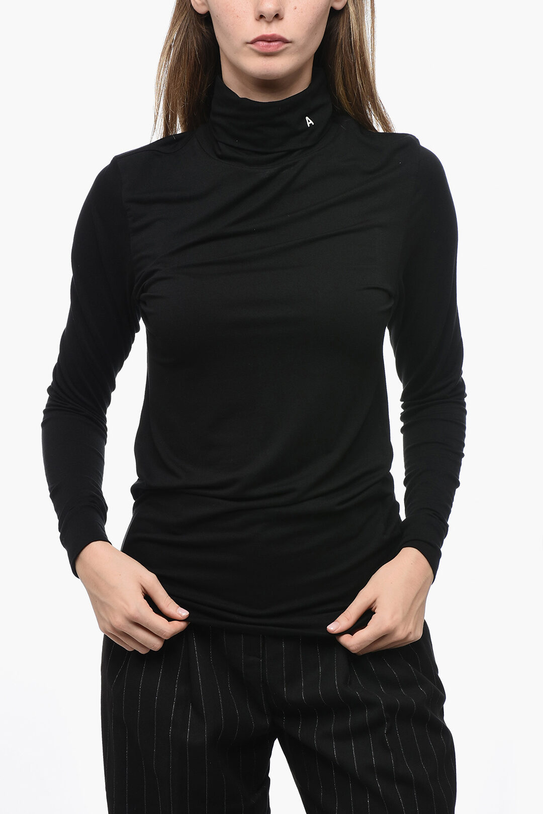 Jersey Turtleneck Top with Embroidered Detail