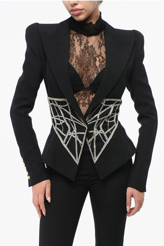 Balmain Jewel Detailed Slim Fit Blazer With Padded Shoulders In White
