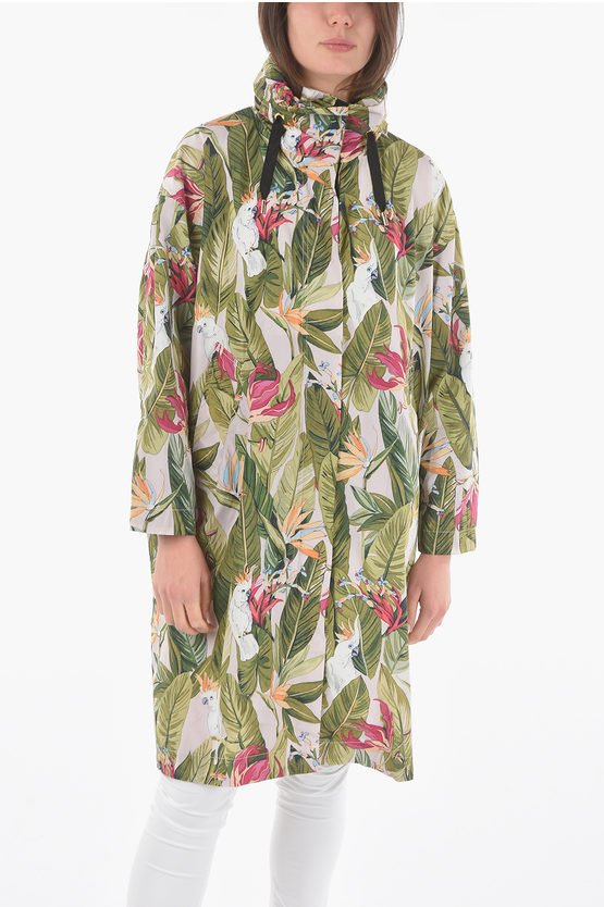 Woolrich Jungle Motif Chemung Oversized Trench With Extractable Hood In Green