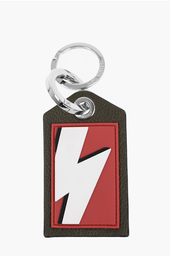 Shop Neil Barrett Keyring With Leather Pendant And Thunderbolt Detail