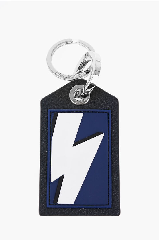 Shop Neil Barrett Keyring With Textured Leather Pendant And Thunderbolt Detail