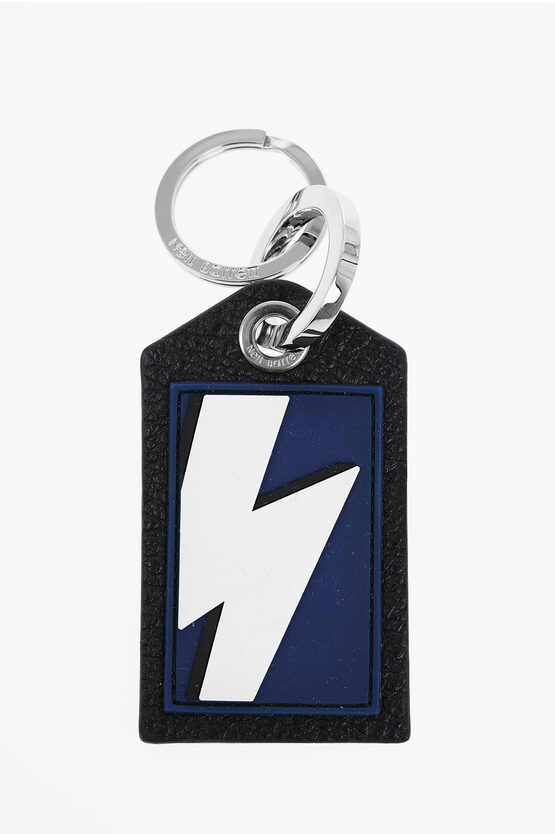 Shop Neil Barrett Keyring With Textured Leather Pendant And Thunderbolt Detail