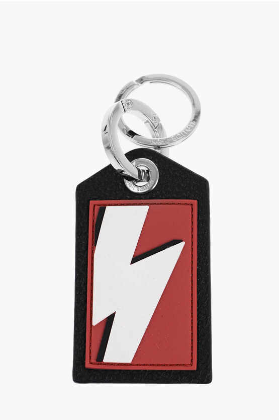 Shop Neil Barrett Keyring With Textured Leather Pendant And Thunderbolt Detail