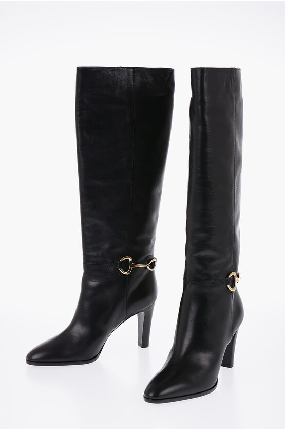 Shop Celine Knee-high Leather Boots With Metal Clamp