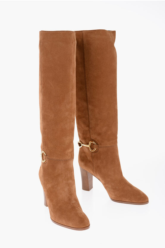 Shop Celine Knee-high Suede Boots With Metal Clamp 9cm