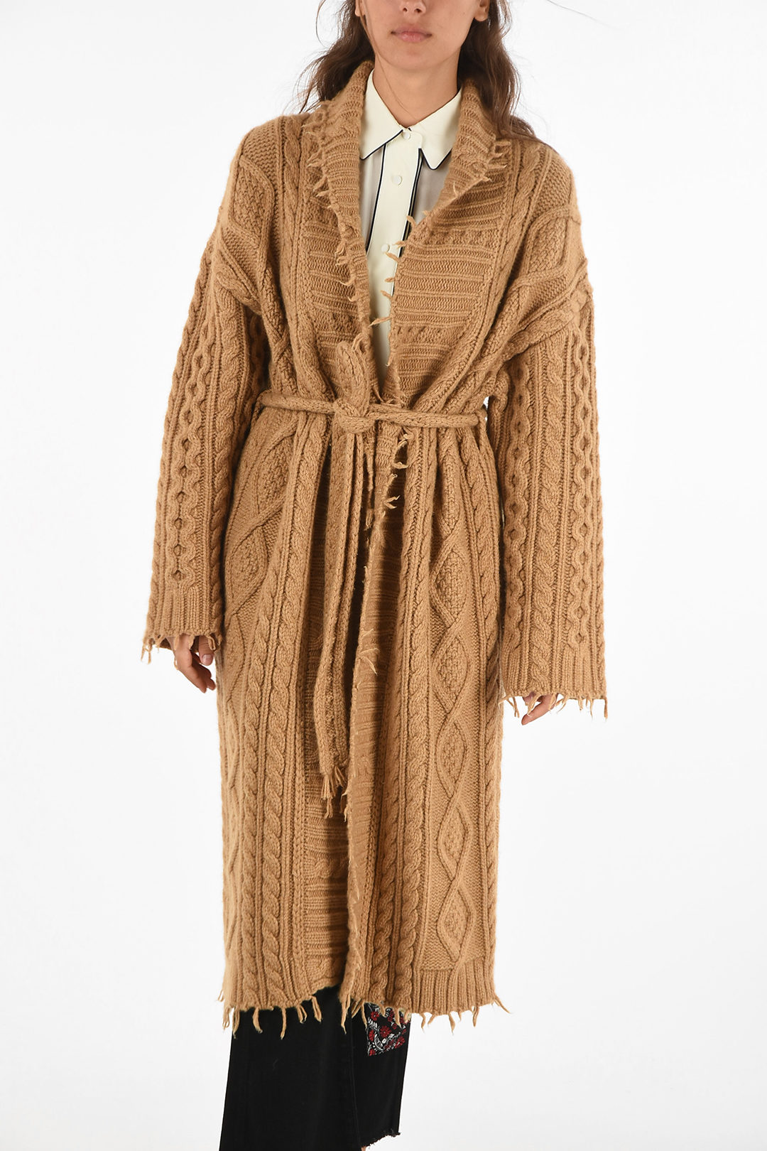 Alanui knit aran FISHERMAN coat with fabric belt women - Glamood Outlet