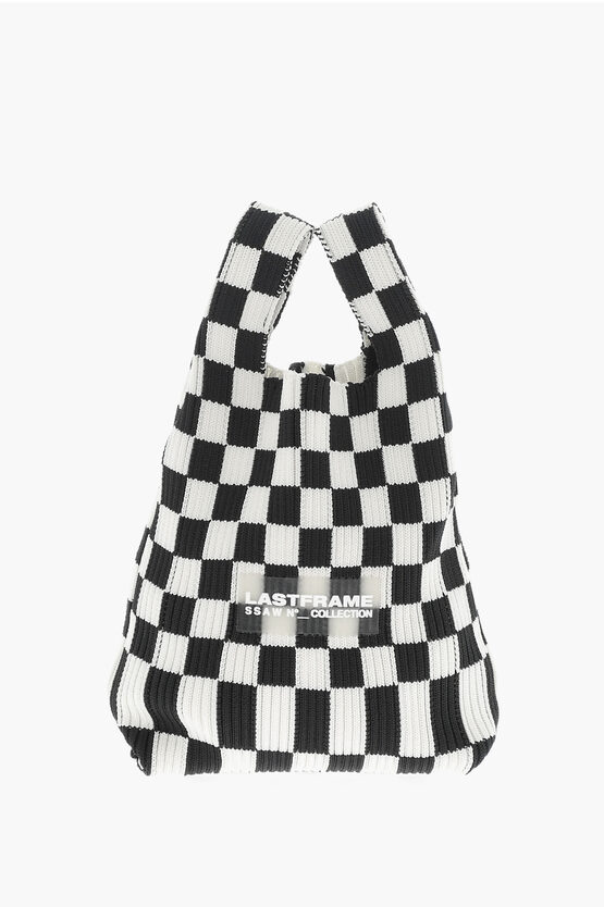 Shop Last Frame Knitted Checked Mini Tote Bag With Faux Leather Shoulder Str