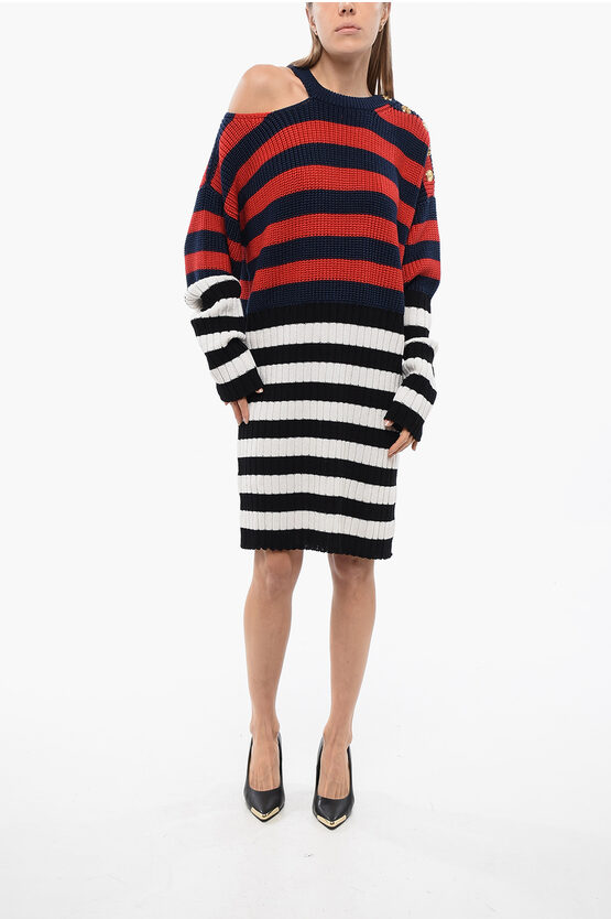 Balmain Knitted Cut-out Dress With Striped Pattern In Purple
