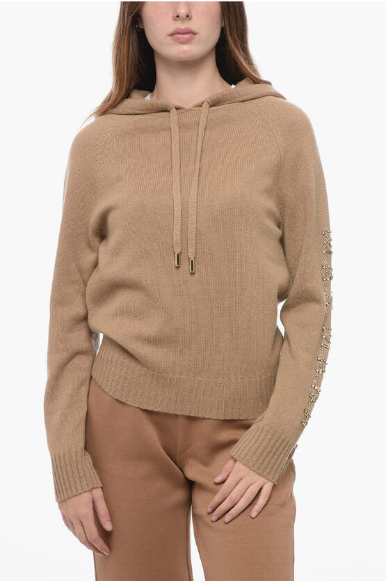 Shop Max Mara Knitted Hoodie With Rhinestoned Logo