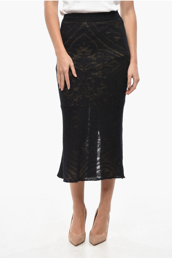 Etro Knitted Jacquard Midi Skirt With Rear Slit In Black