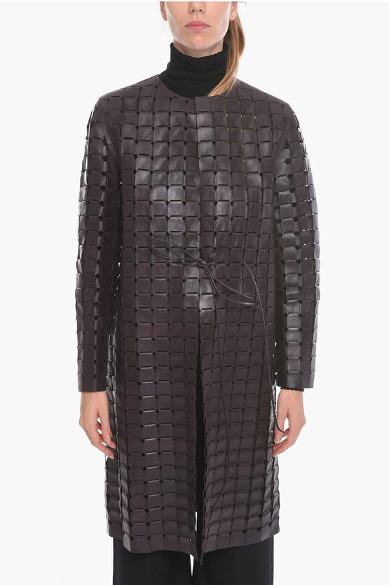 Bottega Veneta Knitted Leather Satine Coat With Drawstring In Black