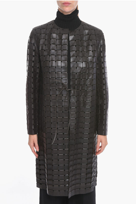 Bottega Veneta Knitted Leather Satine Coat With Drawstring In Black