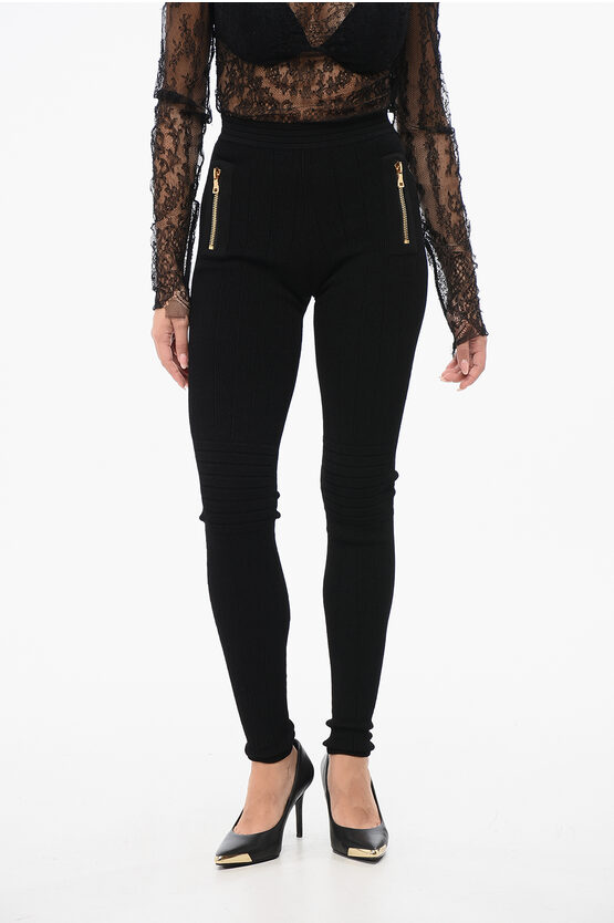 Balmain Knitted Leggings With Zip Detail In Black